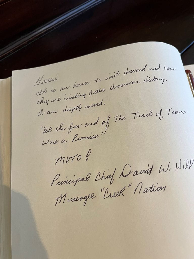 University Guest Book Message of Chief David Hill, Principal Chief, Muscogee (Creek) Nation 