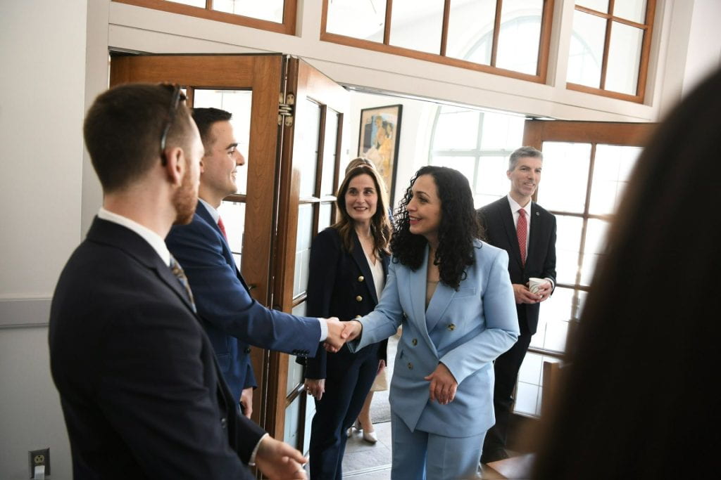Kosovo President Osmani meets a group of Albanian students at during a visit to Harvard in April 2023.